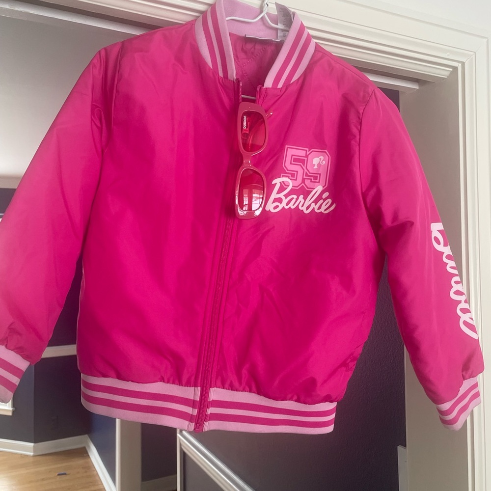 Barbie Bright Pink Bomber Jacket with Logo Trim with sunglasses! Size 7/8